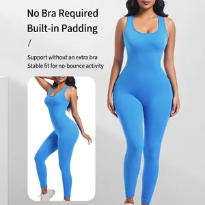 Royal blue seamless ribbed one-piece jumpsuit with built-in chest pads for sports yoga