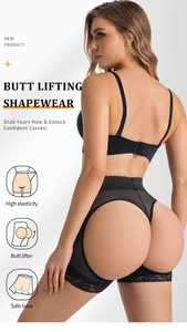 Dettaglio guaina modellante nera elastica con pizzo e design per sollevamento glutei