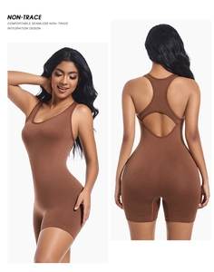 Dual view of seamless brown one-piece romper with racerback design for yoga and fitness