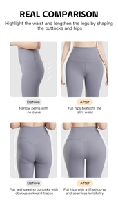 Detail showing the before and after lifting effect on waist and hips in grey shapewear