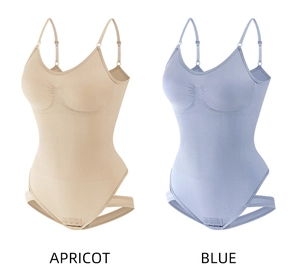 Detail of high-elasticity bodysuit shapewear with V-neck and crotch buckle in apricot and blue