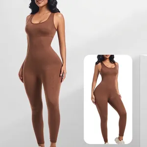 Seamless coffee brown rib-knit bodysuit for women with slimming high-elastic sleeveless design