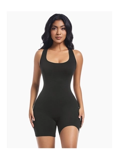 Close-up of seamless black sleeveless yoga bodysuit with high-density stretch fabric