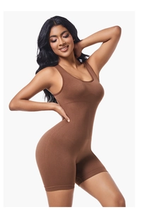 Detail of ribbed brown yoga bodysuit showing seamless compression texture and slimming fit