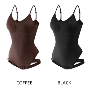 Detail view of coffee and black seamless bodysuits with adjustable straps and crotch buckles