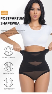 Detail of high waist shapewear featuring breathable mesh and tummy control panels