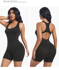 Detailed front and back view of a black sleeveless sports romper with racerback cutout