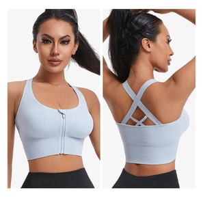 Brassière de sport bleu clair avec zip frontal et dos croisé pour maintien élevé