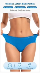 Detail showing elastic mid-rise waistband and breathable blue cotton fabric for women
