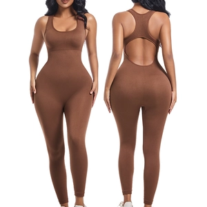 Brown sleeveless ribbed one-piece jumpsuit with back cutout, front and back views