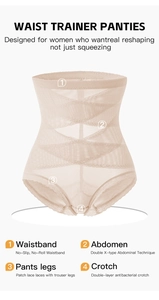 Detail of high-waisted shaper with mesh fabric, X-type tummy control and lace edges
