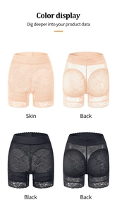 Dettagli di mutandine contenitive in pizzo con imbottitura push-up in nero e color carne