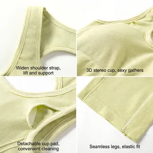 Light green seamless sports bodysuit with ribbed texture and backless yoga jumpsuit design