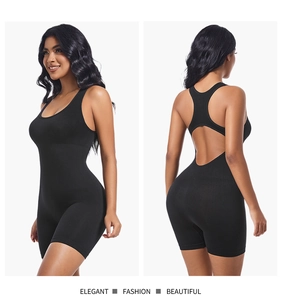 Detail view of the seamless racerback design on a black compression yoga bodysuit