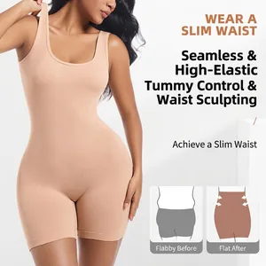 Slimming nude shapewear bodysuit with wide straps showing firm tummy control and body shaping