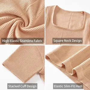 Beige ribbed knit slim fit sports dress with square neckline and seamless high elastic fabric
