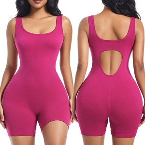 Sleeveless rose red one-piece bodysuit with teardrop back cutout and slim fit design