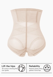 Detail of high waist mesh shapewear with 3D contour stitching for butt lifting effect