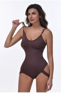 Close-up of coffee brown seamless bodysuit with thin straps and hook-and-eye closure