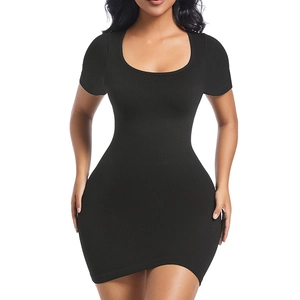 Slim fit black short sleeve mini dress with ribbed texture and deep round neckline