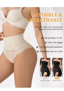 Detailed view of high waist lace shaper thong with invisible edges and breathable fabric
