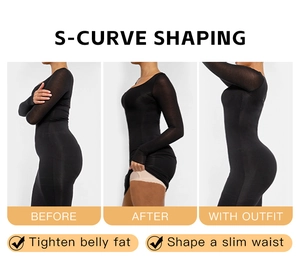 Three-panel comparison showing S-curve shaping and belly fat tightening with black shapewear