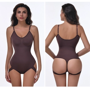 Front and back view of coffee seamless bodysuit with adjustable straps and thong back