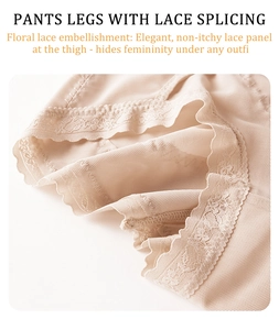 Detail of high-waist body shaper with breathable mesh and delicate floral lace hems