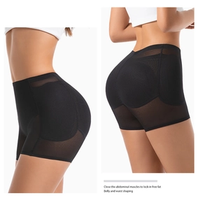 Detail view of high waist black tummy control shorts with breathable mesh and hip padding