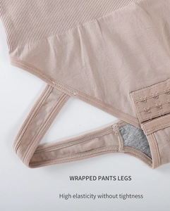 Detail of high-elastic bodysuit featuring triple-row hook closure and wide ribbed waist