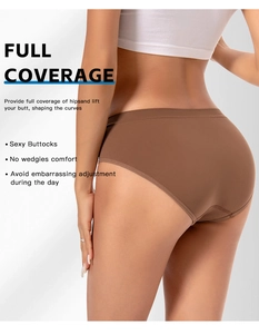 Detail view of seamless full coverage brown panties with butt-lifting effect on model