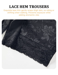 Dettaglio dell'elegante bordo in pizzo floreale sui pantaloni in maglia nera traspirante