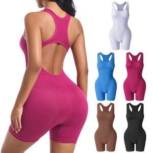Women's seamless ribbed yoga romper with open back design and athletic slim fit style