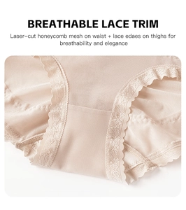 Detailed view of breathable honeycomb mesh fabric and elegant lace trim on skin-tone panties