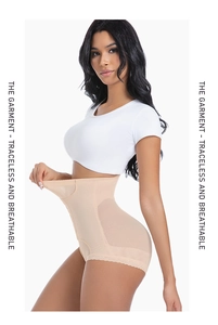 Detail of high waist shaping panties with breathable mesh and traceless lace edge trim