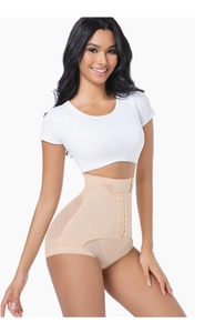 Detail of high waist shapewear featuring front hooks, breathable mesh, and lace trim