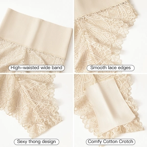 High-waisted lace thong bodysuit featuring wide elastic band and comfy cotton crotch