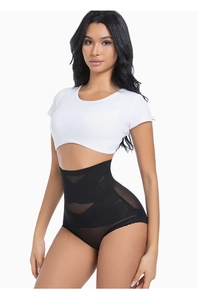 Detailed view of women's black high-waisted control panties with mesh cross-pressure design