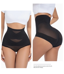 Detail view of high waist black body shaper with mesh panels and lace trim edges