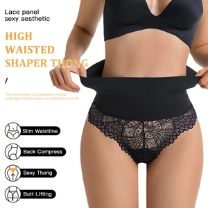 Women's high waist lace shapewear thong for tummy control and butt lifting in black