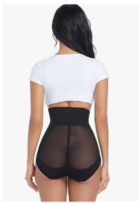 Detail view of black high-waisted shaping panties with breathable mesh and elastic fabric