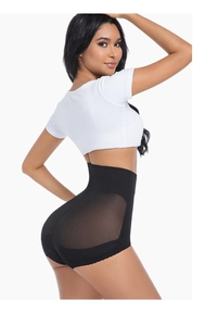 Close-up of high-waisted shaping briefs showing breathable mesh fabric and butt-lifting detail