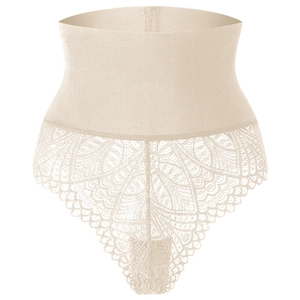 Women's high waist lace thong shapewear with tummy control in beige floral design