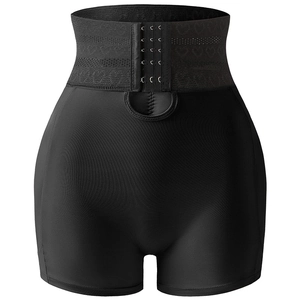 Black high-waisted tummy control shapewear with adjustable hook-and-eye closure and heart pattern