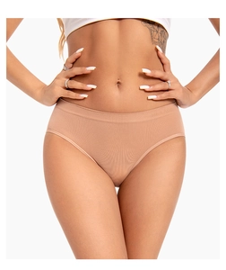 Close-up of nude seamless high-elastic panties showing the logo waistband on skin