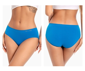 Front and back view of blue seamless panties with comfortable high-elastic lettering waistband