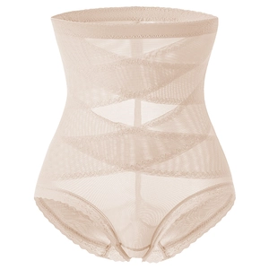 High-waisted tummy control underwear in beige mesh with crossover shaping panels