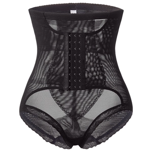 High waist tummy control shapewear in black mesh with lace trim and hook-and-eye closure