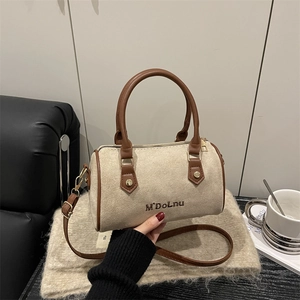 Sac Boston Rétro en Suédine pour Femmes Surface Givrée Broderie de Lettres Sac à Main Bandoulière Chic Sac Messager