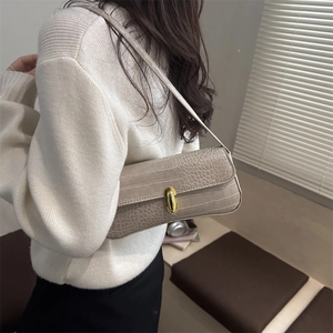 French vintage beige crocodile embossed underarm bag with gold metal lock clasp